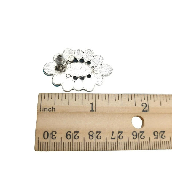 Faux Blue Turquoise Oval Cluster Post Earrings Post Closure Silver Tone Vintage - Picture 4 of 4